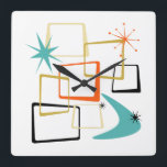 50-årsjubileet Atomic Squares Boomerang Starburst  Fyrkantig Klocka<br><div class="desc">Lägg till stänk i roligt och färg i muren med den här fantastiska atomeran i mitten av århundradet,  modern väggklocka! Den här designen har abstrakt-fyrkanter,  stjärnsprängningar och en bomerang i färgen av orange,  turkos,  grädde,  guld och svart... Så funky!</div>