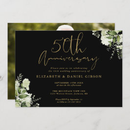 50-årsjubiléet Black and Guld Greenery Photo Inbjudningar