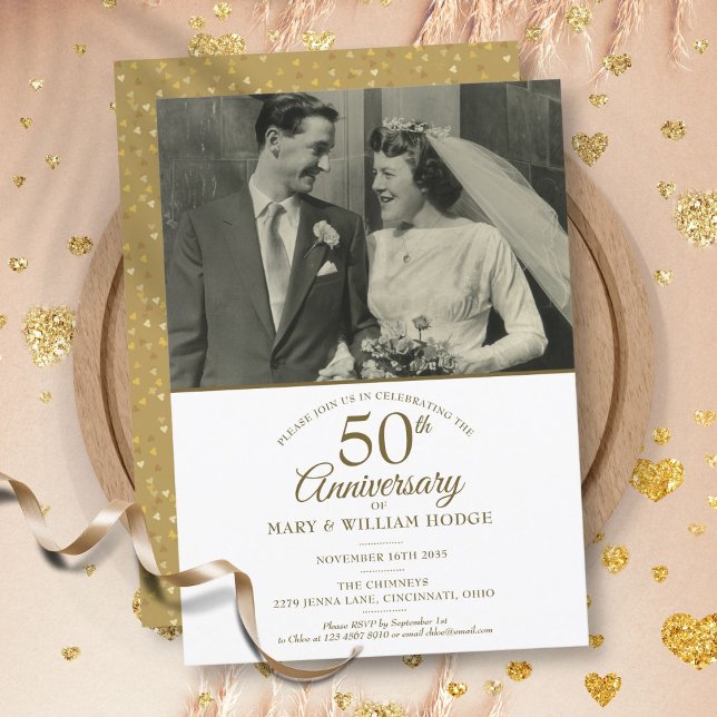 50-årsjubiléet Guld Heart Confetti Bröllop Foto Inbjudningar (50th Anniversary Gold Heart Confetti Wedding Photo Invitation)