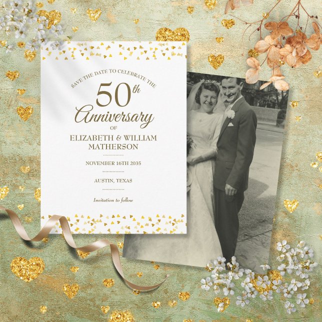50-årsjubiléet Photo Golden Hearts Spara datumet Meddelande Vykort (50th Anniversary Photo Golden Hearts Save the Date Announcement Postcard)
