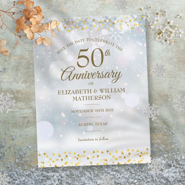 50-årsjubiléet Vinter Snöflingor Spara datumet Meddelande Vykort (50th Anniversary Winter Snowflakes Save the Date Announcement Postcard)