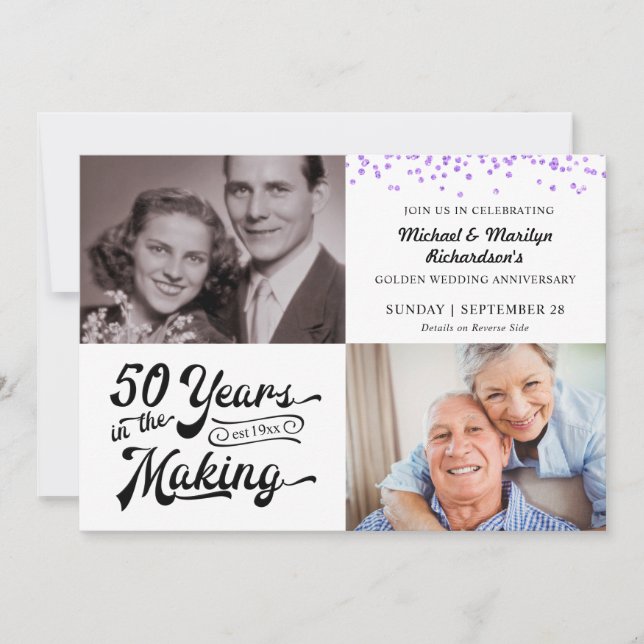50-årsjubileum 2 bilder lila konfetti inbjudningar (Framsida)