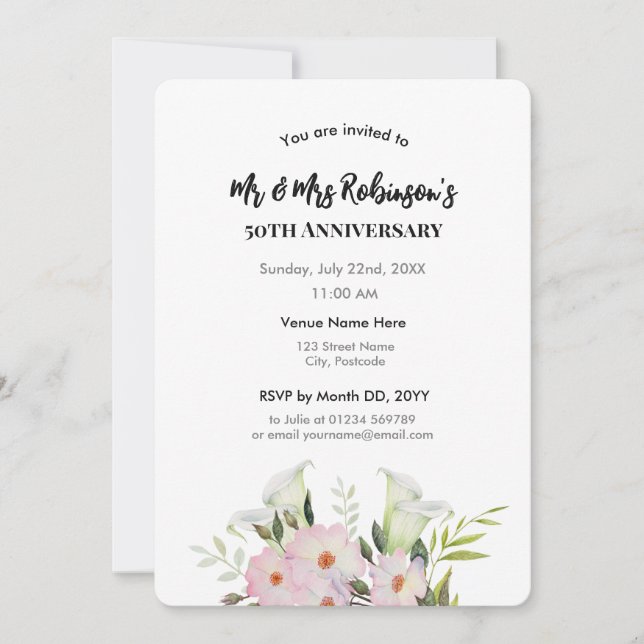 50-årsjubileum Akvarell Vita Calla Lily-Rosor Inbjudningar (Framsida)