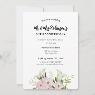 50-årsjubileum Akvarell Vita Calla Lily Rosor Inbjudningar