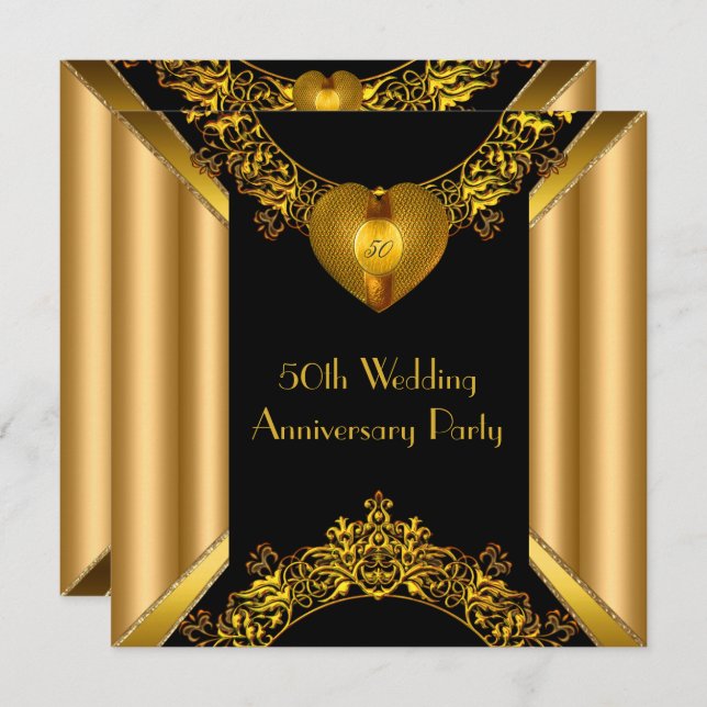 50-årsjubileum Art Deco Guld Gyllene Hjärta 2 Inbjudningar (Fram/baksida)