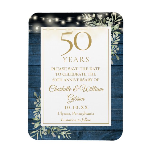 50-årsjubileum Blå Rustik Trä Spara Datum Magnet (Vertikal)