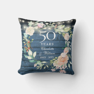 50-årsjubileum Blå Rustika Blommiga Strängljus Kudde