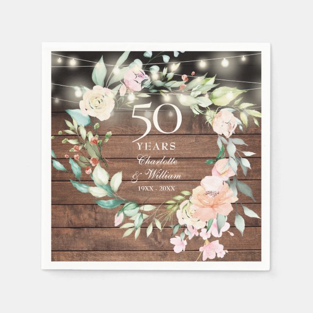 50-årsjubileum Blommig Sladdljus Rustik Trä Pappersservett (Framsidan)