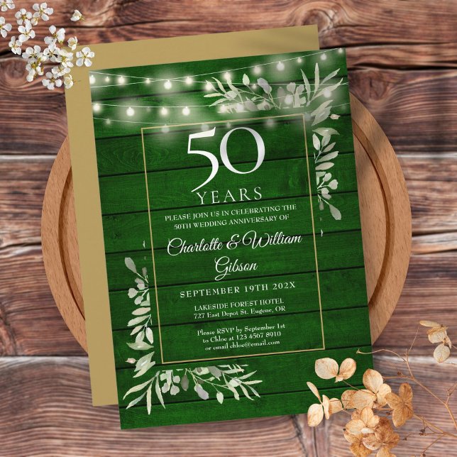 50-årsjubileum Blomstersträngljus Grönt Trä  Inbjudningar (50th Anniversary Floral String Lights Green Wood Invitation)