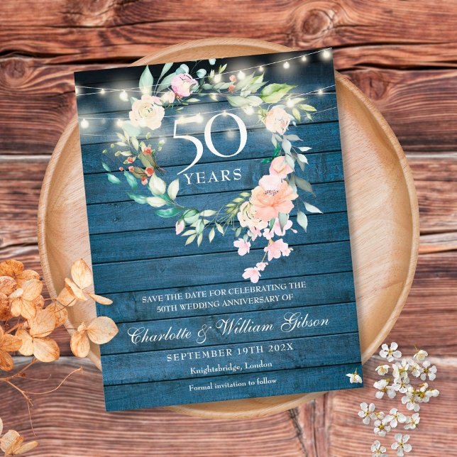 50-årsjubileum Blue Rustic Blommigt Spara datum Vykort (Skapare uppladdad)