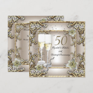 50-årsjubileum Bröllop Kräm Guld Lilja Inbjudningar