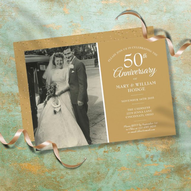 50-årsjubileum Bröllop Photo Guld Dust Confetti Inbjudningar (Skapare uppladdad)