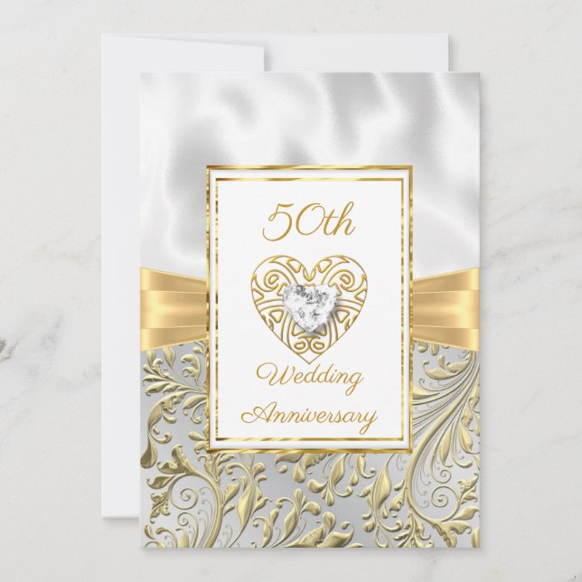 50-årsjubileum diamant Hjärtguld Böj Floral Inbjudningar (Framsida)