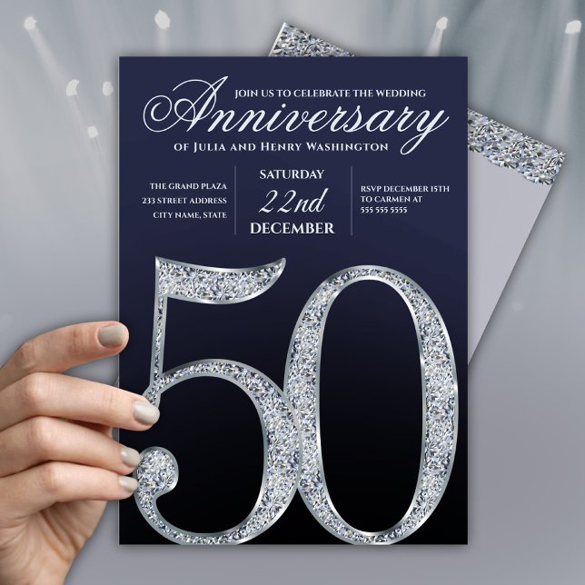 50-årsjubileum Diamant Silver Marinblå Modern Inbjudningar (Skapare uppladdad)
