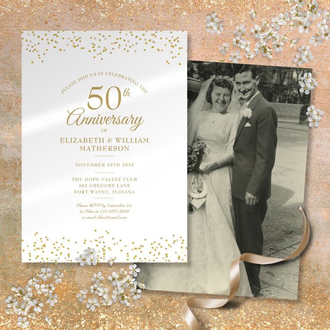 50-årsjubileum: Din Bröllop-foto-Guld-damm Inbjudningar (50th Anniversary Your Wedding Photo Gold Dust Invitation)