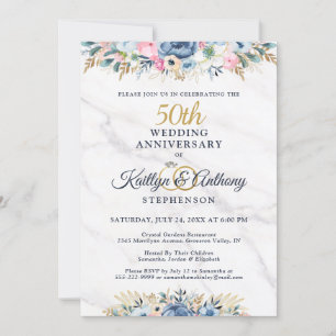 50-årsjubileum Elegant Blommig Guld Marinblå Inbjudningar