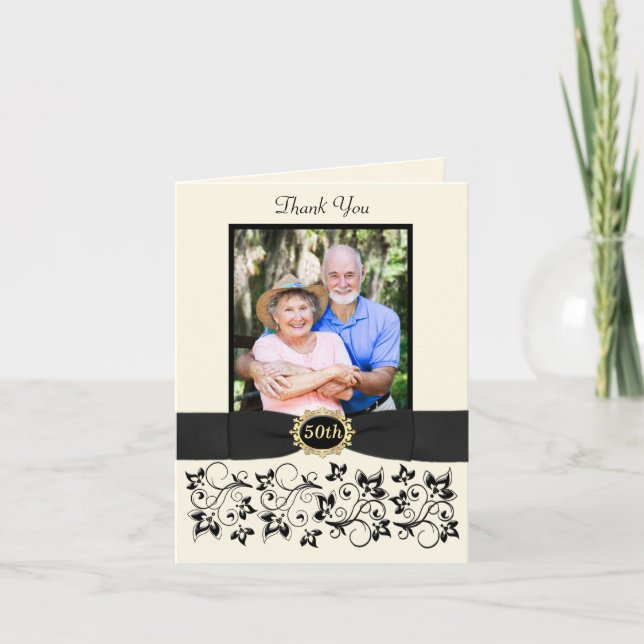 50-årsjubileum Elfenbenssvart Blommig Tacksamhetsk Tack Kort (Framsida)