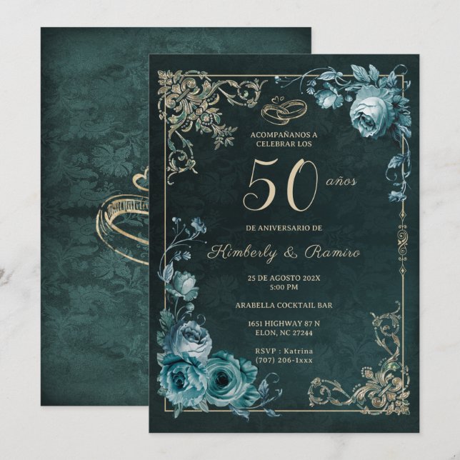 50-årsjubileum Floral Vintage Inbjudningar (Fram/baksida)
