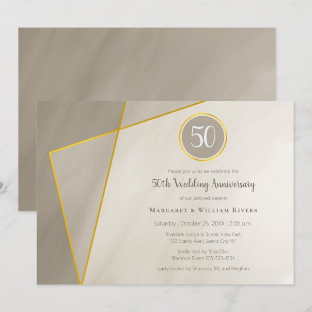 50-årsjubileum födelsedag antikt grå guld ram inbjudningar (Fram/baksida)