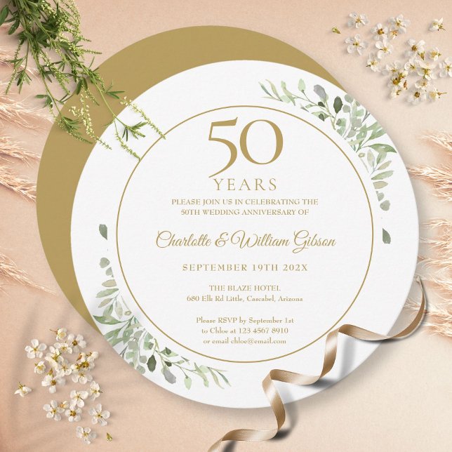 50-årsjubileum för bröllop Grönsaklig cirkulär Inbjudningar (50th Wedding Anniversary Greenery Circular Invitation)