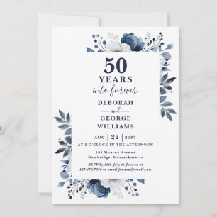 50-årsjubileum för bröllop Navyblå blomster monogr Inbjudningar