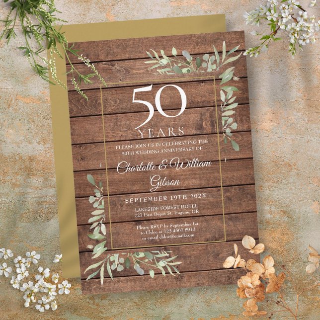 50-årsjubileum för grönska rustik trä inbjudningar (50th Wedding Anniversary Greenery Rustic Wood Invitation)