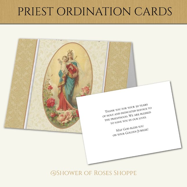 50-årsjubileum för prästvigning Blessed Virgin Mar Kort (Beautiful Catholic Priest Deacon ordination cards - Easy to personalize!)