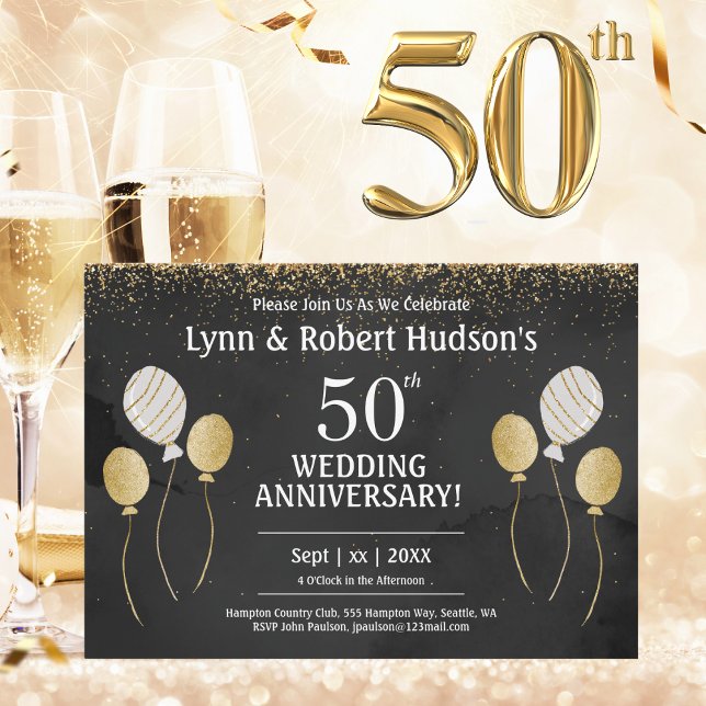 50-årsjubileum Golden Bröllopsfest Inbjudningar (50th Wedding Anniversary, Gold, Black and White Invitation)