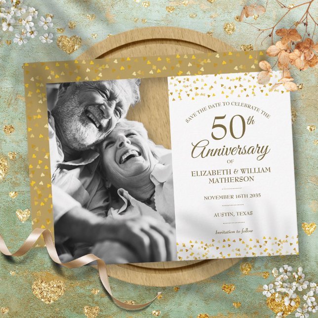 50-årsjubileum Golden Hearts Spara datum Foto Meddelande Vykort (50th Anniversary Golden Hearts Save the Date Photo Announcement Postcard)