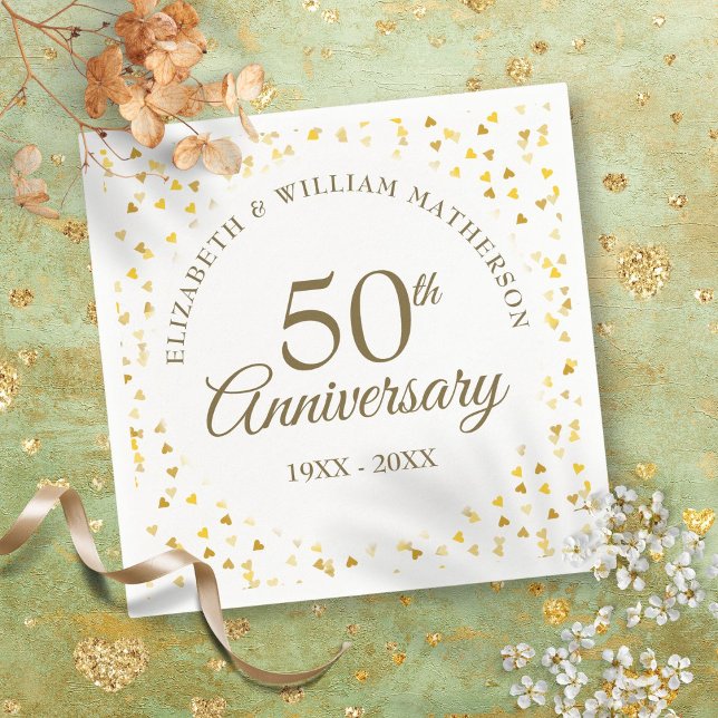 50-årsjubileum Golden Love Hearts Konfetti Pappersservett (50th Anniversary Golden Love Hearts Confetti Napkins)