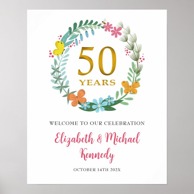 50-årsjubileum Golden Welcome Blommigt Wandeann Si Poster (Framsidan)