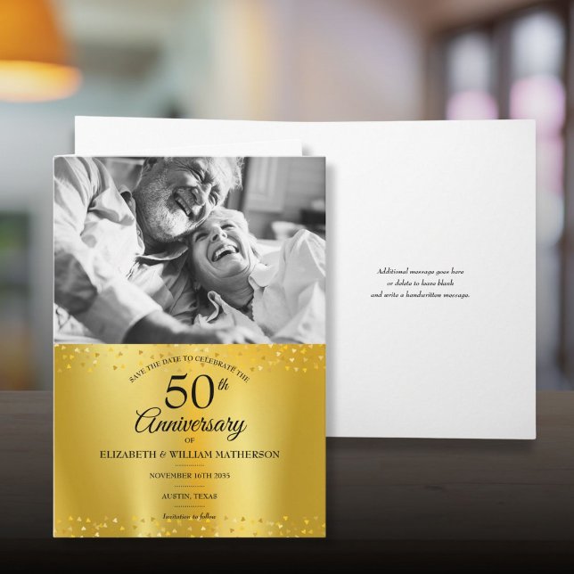 50-årsjubileum Guld Foil Spara datumfoto Kort (50th Anniversary Gold Foil Save the Date Photo Card)