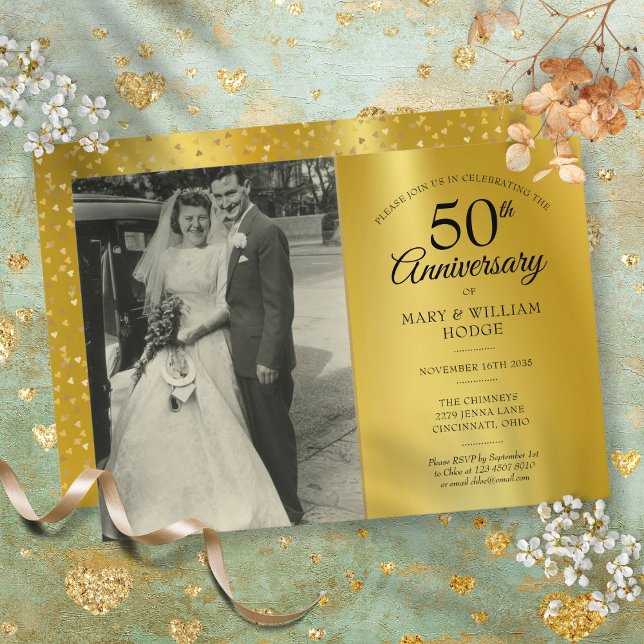 50-årsjubileum Guld Folie Bröllopsfoto Inbjudningar (50th Anniversary Gold Foil Wedding Photo Invitation)