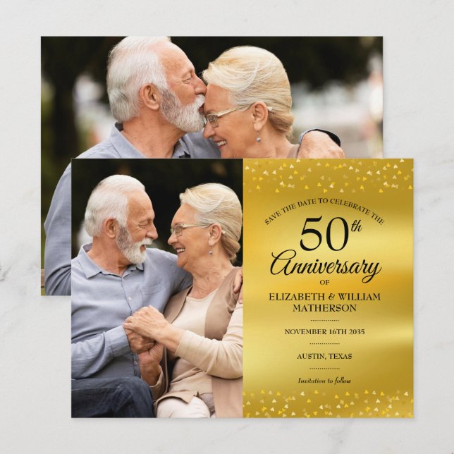 50-årsjubileum Guld Folie Spara Datum 2 Foto Meddelande Vykort (Fram/baksida)