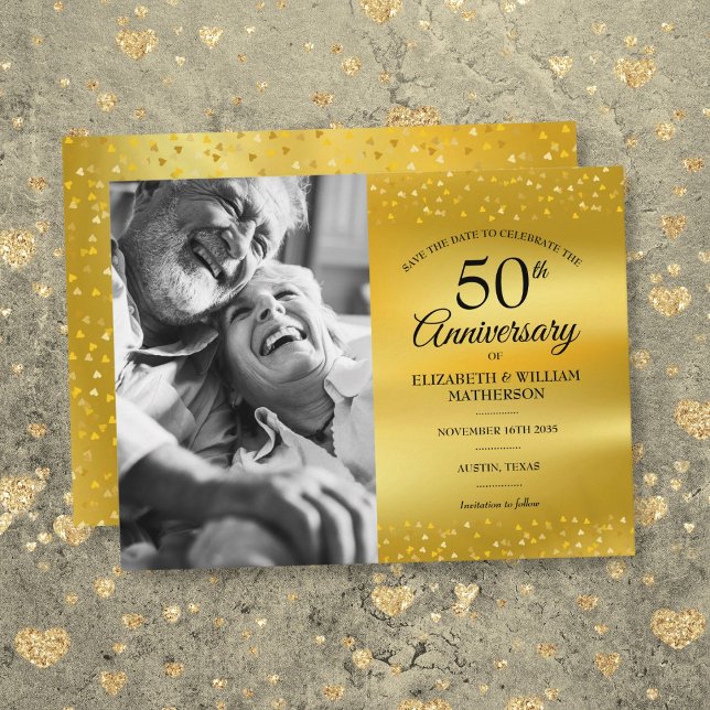 50-årsjubileum Guld Folie Spara Datum Foto Meddelande Vykort (50th Anniversary Gold Foil Save the Date Photo Announcement Postcard)