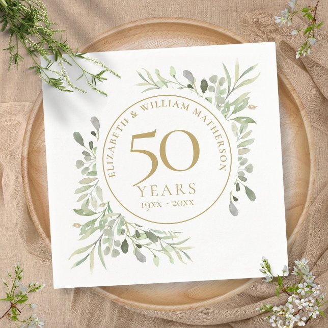 50-årsjubileum Guld Grey Löv Watercolor Pappersservett (50th Anniversary Gold Greenery Leaves Watercolor Napkins)