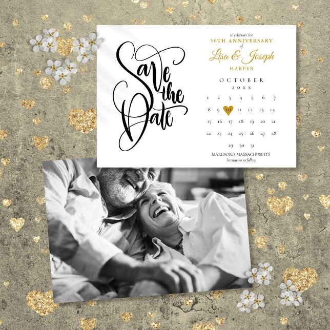 50-årsjubileum Guld Hjärtkalender Foto Spara Datumet (50th Wedding Anniversary Gold Heart Calendar Photo Save The Date)