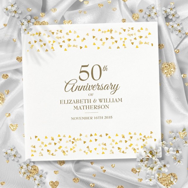 50-årsjubileum Guld Kärlek Hearts Confetti Pappersservett (50th Anniversary Gold Love Hearts Confetti Napkins)