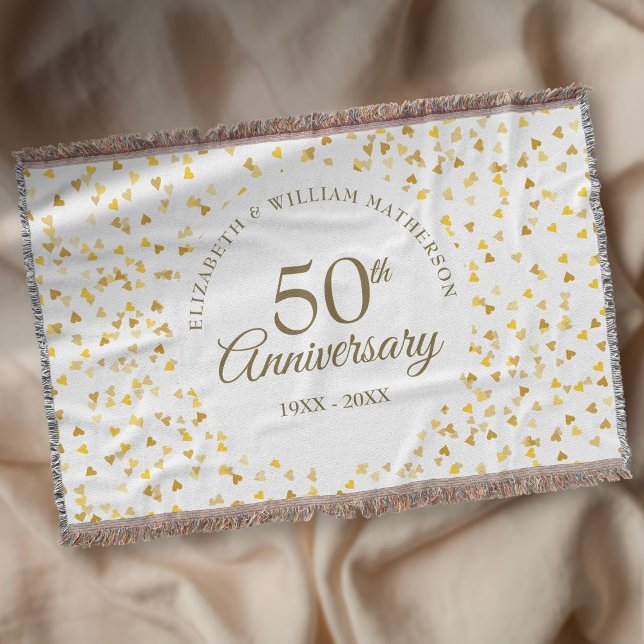 50-årsjubileum Guld Kärlek Hjärtan Konfetti Filt (50th Wedding Anniversary Gold Love Hearts Confetti Throw Blanket)
