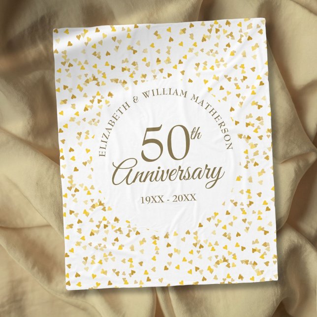 50-årsjubileum Guld Kärlek Hjärtan Konfetti Fleecefilt (50th Wedding Anniversary Gold Love Hearts Confetti Fleece Blanket)