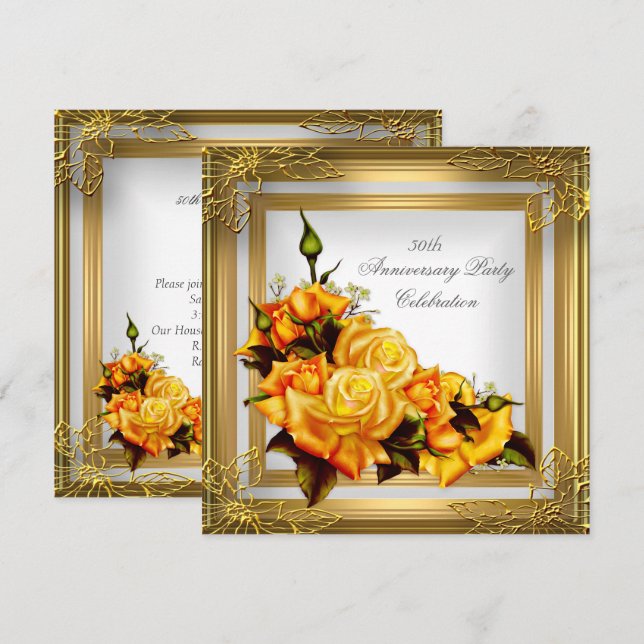 50-årsjubileum Guld Orange Vit Elegant Inbjudningar (Fram/baksida)