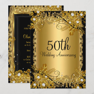 50-årsjubileum Guld Svart Diamant Blommig Virvel Inbjudningar