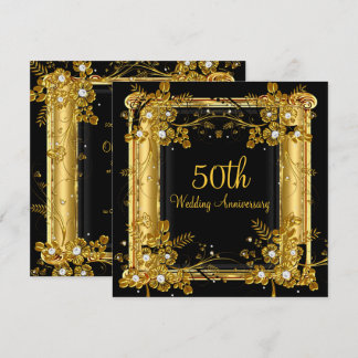 50-årsjubileum Guld Svart Diamant Blommig Virvel Inbjudningar