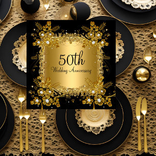 50-årsjubileum Guld Svart Diamant Blommig Virvel Inbjudningar
