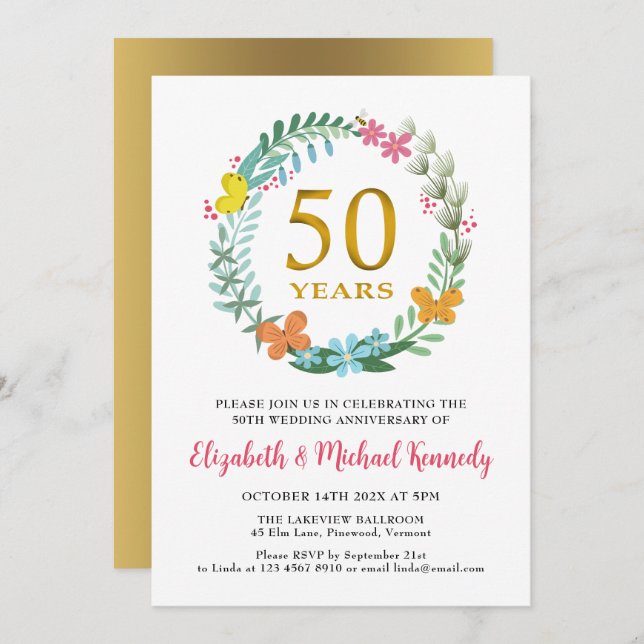 50-årsjubileum Guldblommekrans-inbjudan Inbjudningar (Fram/baksida)