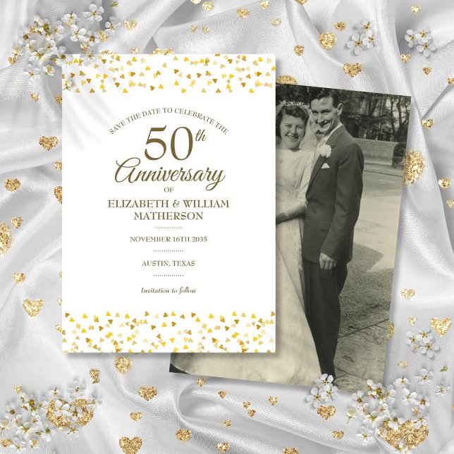 50-årsjubileum Guldhjärtan Foto Spara datum Inbjudningar (50th Anniversary Gold Hearts Photo Save the Date Invitation)