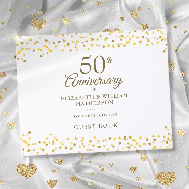50-årsjubileum Guldhjärtan Konfetti Gästböcker (50th Wedding Anniversary Gold Hearts Confetti Guest Book)