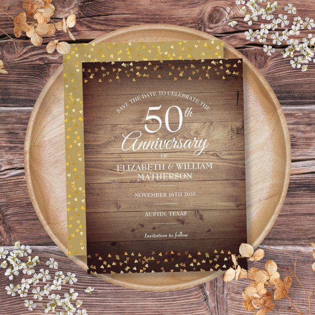 50-årsjubileum Guldhjärtan Rustik Spara Datum Meddelande Vykort (50th Anniversary Gold Hearts Rustic Save the Date Announcement Postcard)