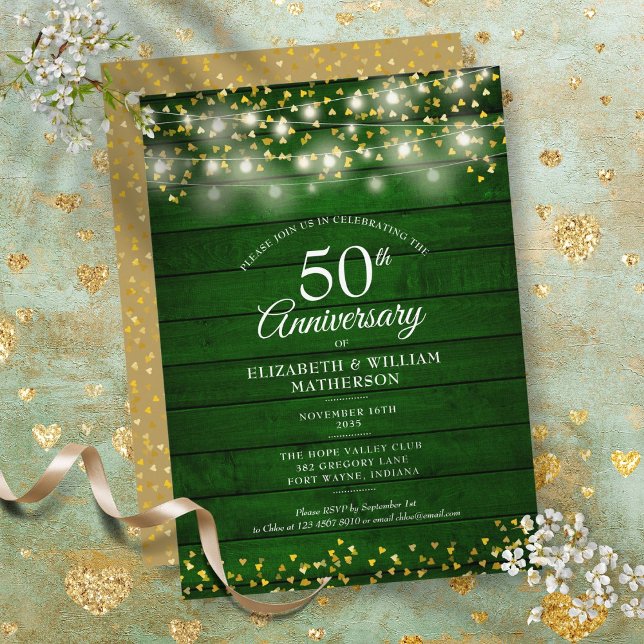 50-årsjubileum Guldhjärtans sladdbelysning i trä Inbjudningar (50th Anniversary Gold Hearts String Lights Wood Invitation)