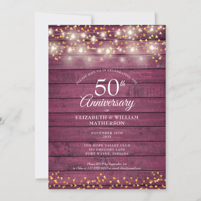 50-årsjubileum Guldhjärtans Strängljus Rustik Inbjudningar (Framsida)